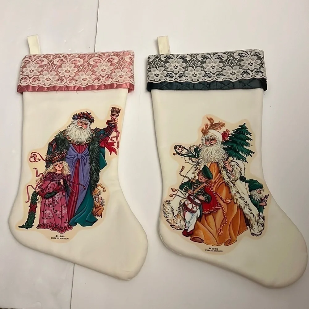 Vintage Cheryl Johnson Old World Santa Christmas Stockings 1986 Pair